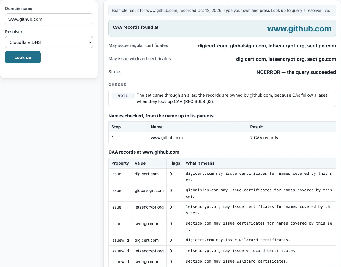Caa record lookup example