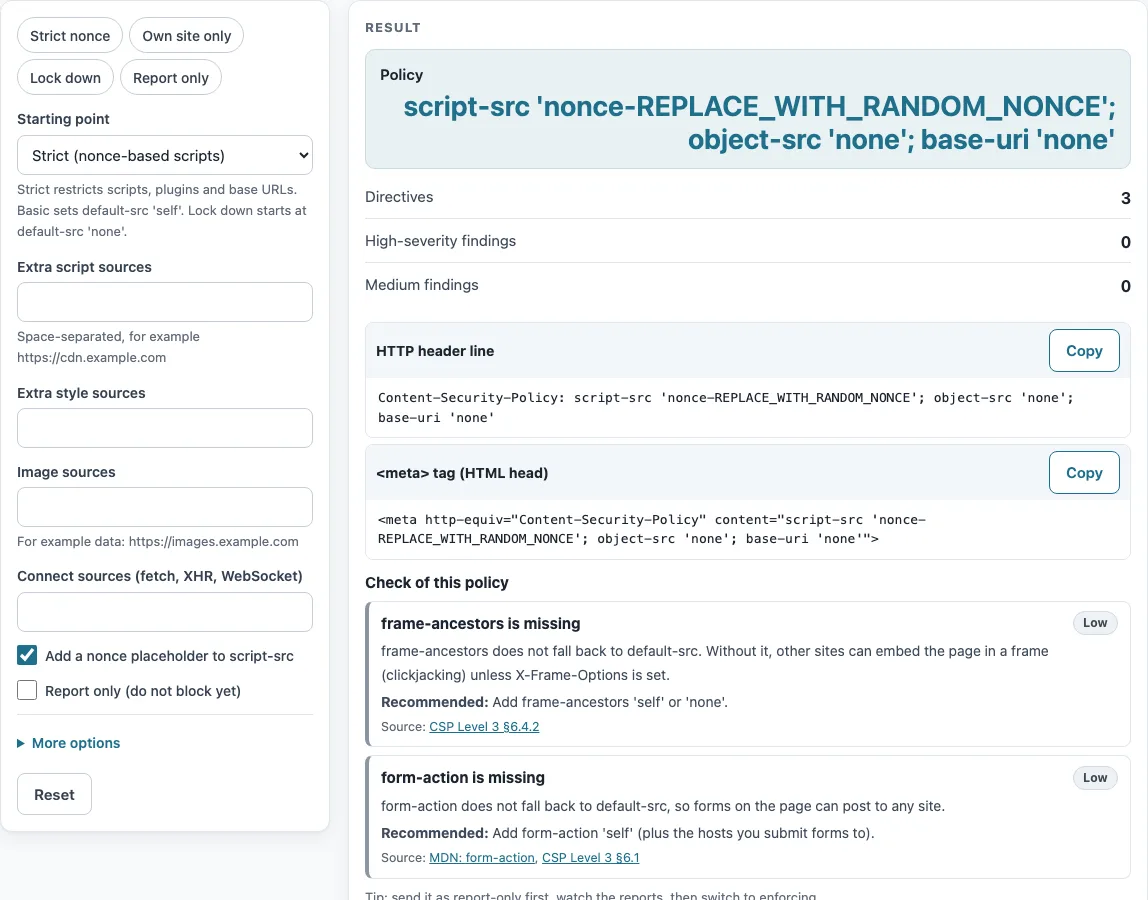 Content security policy generator example