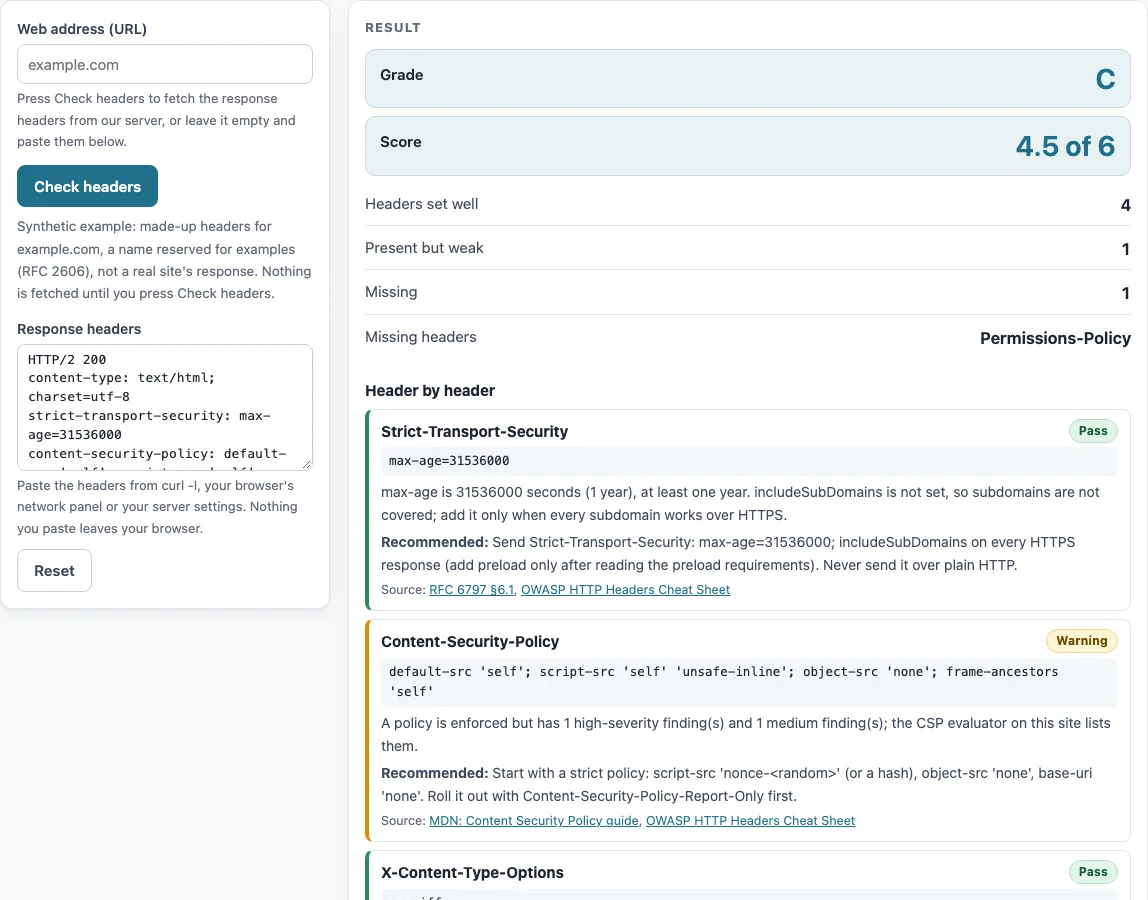 Security headers check example